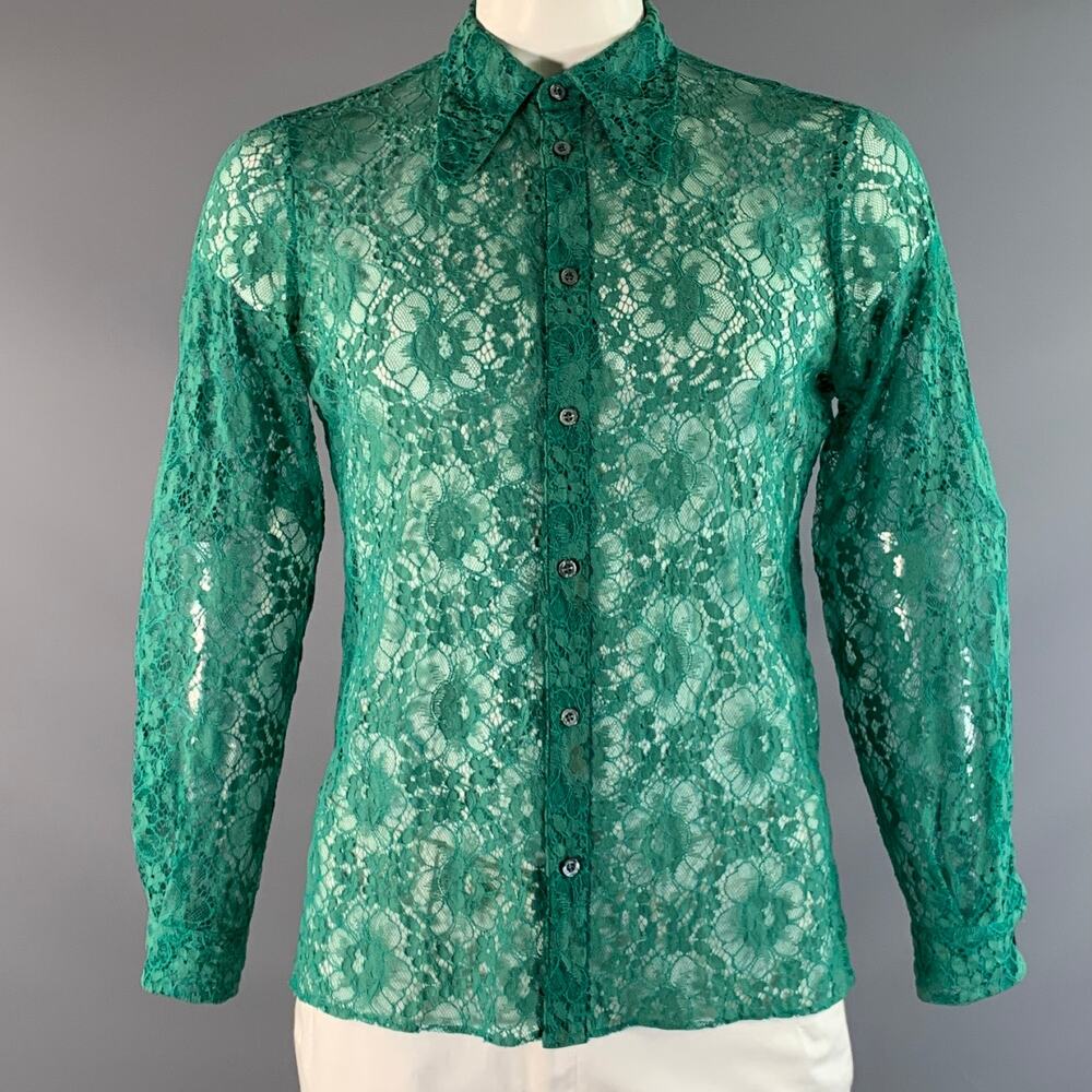 GUCCI Size M Green Lace Polyamide Blend Button Up Long Sleeve Shirt